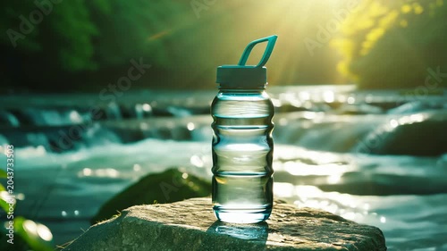 Video of transparent sports water bottle standing on rock beside river cascades with forest background, symbolizing hydration, outdoor activity and healthy lifestyle