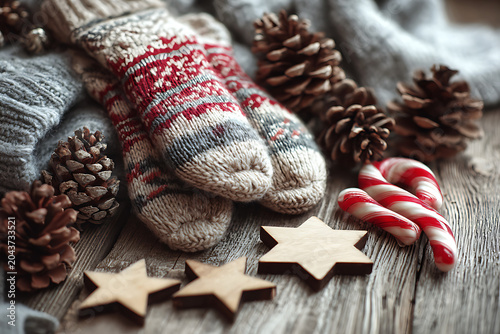 Cozy knitted socks, candy canes, and pine cones create a heartwarming winter scene, perfect for holiday promotions and seasonal greetings