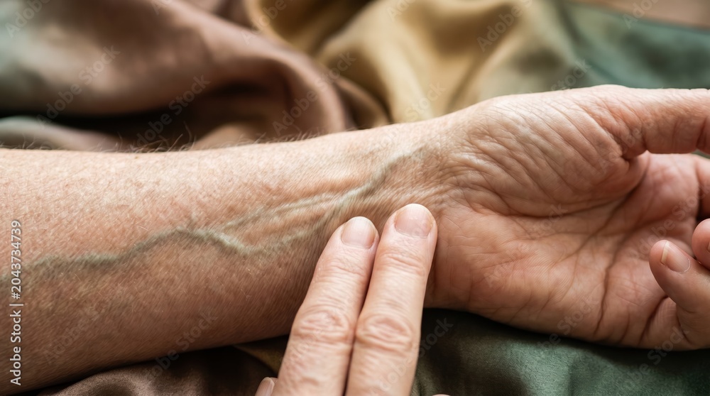 Fototapeta premium Close up of a healthcare professional checking the pulse of a senior patient. Medical examination of an elderly person's wrist. Geriatric nursing and vital signs monitoring