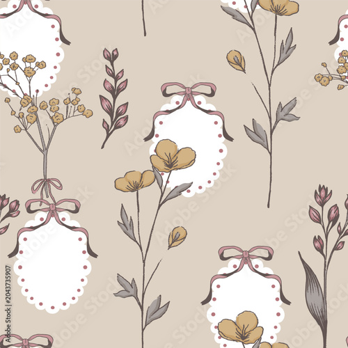 Flower Twigs and Bows Vector Seamless Pattern