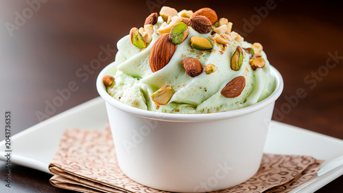Creamy pistachio ice cream with chopped pistachios, almonds and hazelnuts in a dessert cup,