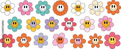 Foto Retro smiley face flowers pattern colorful 70s style floral design