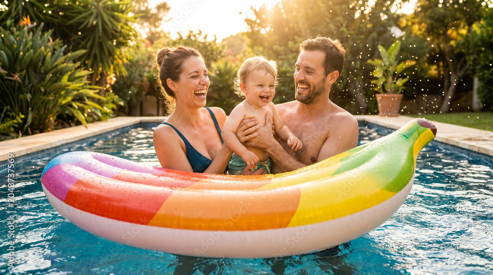 Obraz premium Happy parents and child having fun with a floatie in a garden swimming pool. Joyful family enjoying sunny summer holidays. Professional commercial lifestyle photography.