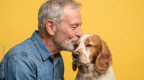 Close-up of a happy senior man affectionately kissing his cute dog on a bright yellow background. Beautiful commercial lifestyle portrait of a loving owner and his pet.