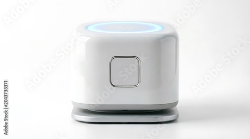 Minimalist smart home hub device with a sleek white cube design and a glowing blue light ring on top, isolated on a clean white background, representing modern connectivity and home automation tech.
