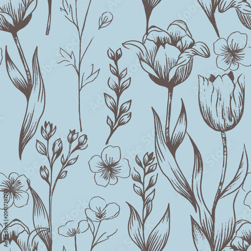 Hand Sketched Flowers Vector Seamless Pattern