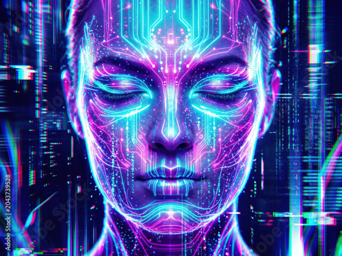 A symmetrical synthetic humanoid face made of neon light and digital particles. Surreal, awakening, slightly unsettling, sense of consciousness forming.