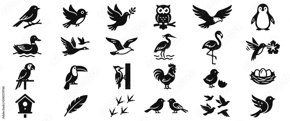 Naklejka premium Bird icon set featuring various species such as owls, ducks, flamingos, parrots, and penguins, along with nests, feathers, birdhouses, and footprints