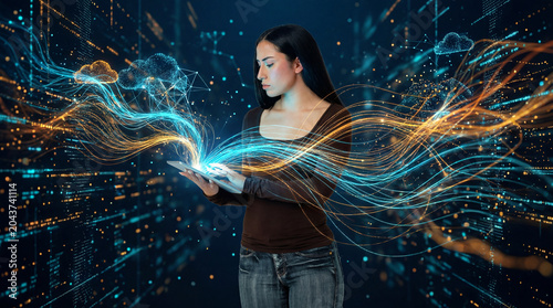Cloud data streams managed by professional woman