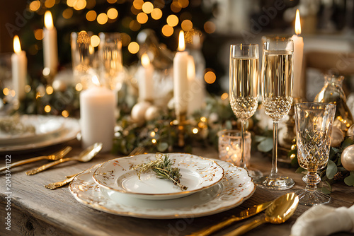 Elegant holiday dinner table setting with glowing candles and champagne flutes creates a warm, inviting atmosphere for festive celebrations