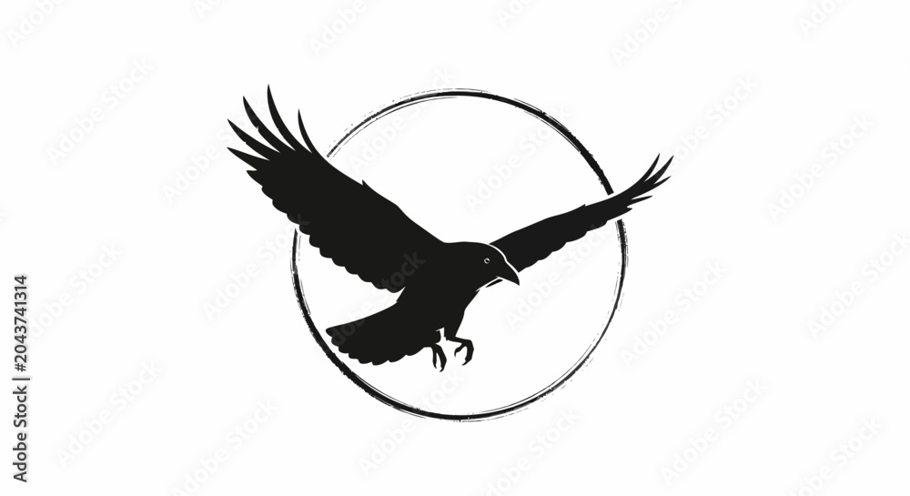 Obraz premium Black raven silhouette soaring in a circle against white background simple design