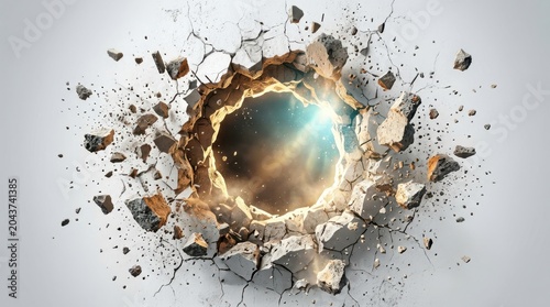Circular hole breaking through white textured surface with blue light