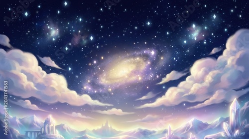 Cosmic landscape with glowing celestial bodies and ethereal clouds cosmos galaxy nebula