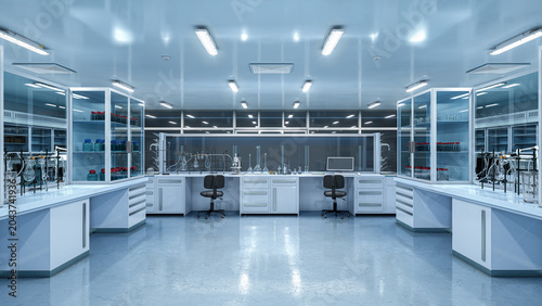 Modern scientific laboratory interior with advanced equipment, computers and research workstations, medical and pharmaceutical lab environment. 3D illustration