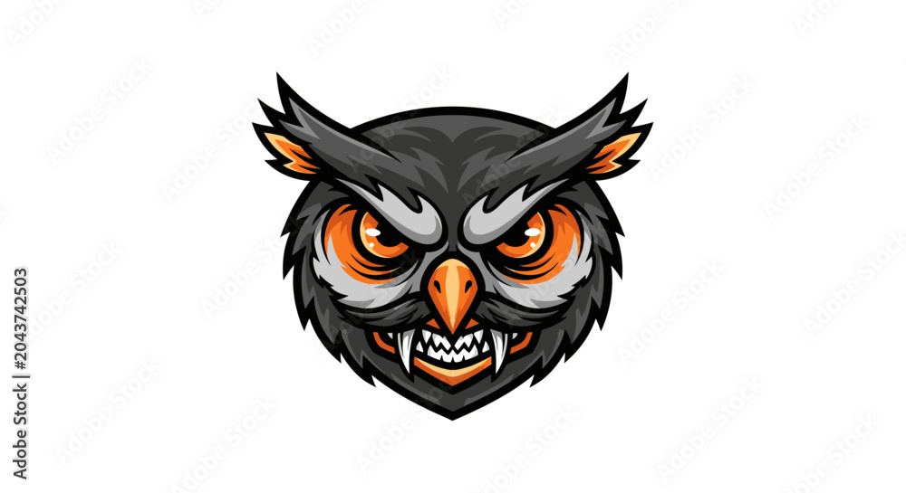 Fototapeta premium Cartoon owl head illustration with detailed eyes and aggressive expression