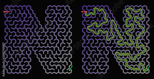 Obraz na plátně A vector honeycomb maze for children shaped like a letter N on a black backgroun