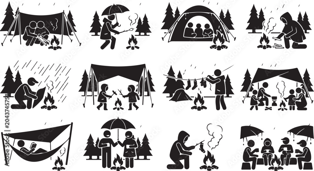 Fototapeta premium Camping and outdoor activities icon set with tents, campfires, and people in nature isolated on white background, Vector
