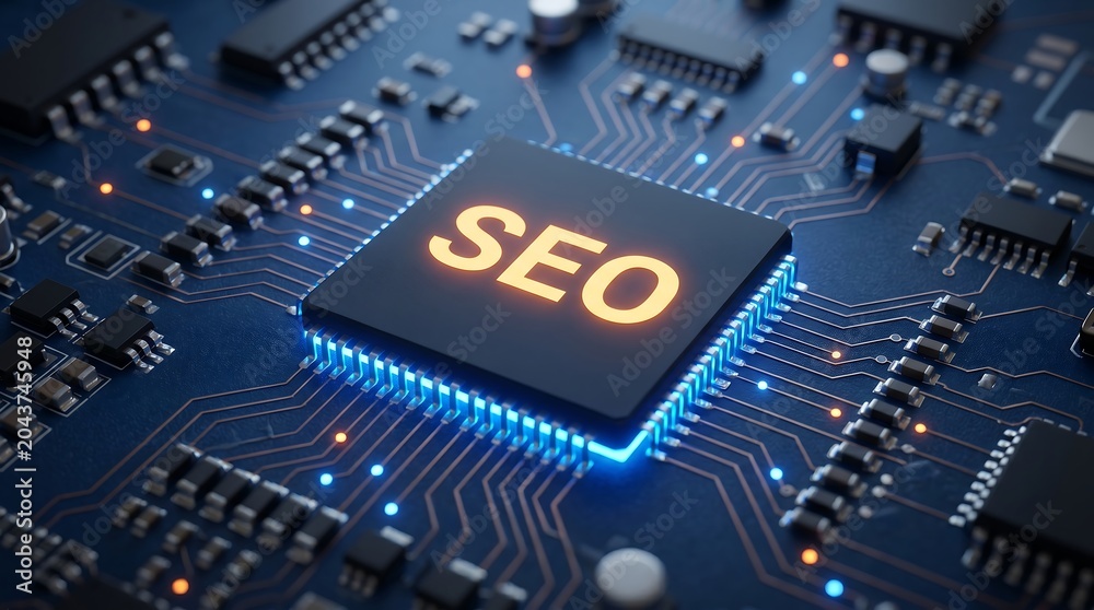 Fototapeta premium SEO Technology Concept: Glowing Microchip on Futuristic Circuit Board Symbolizing Digital Marketing Strategy, Data Optimization, and Online Business Growth Innovation.