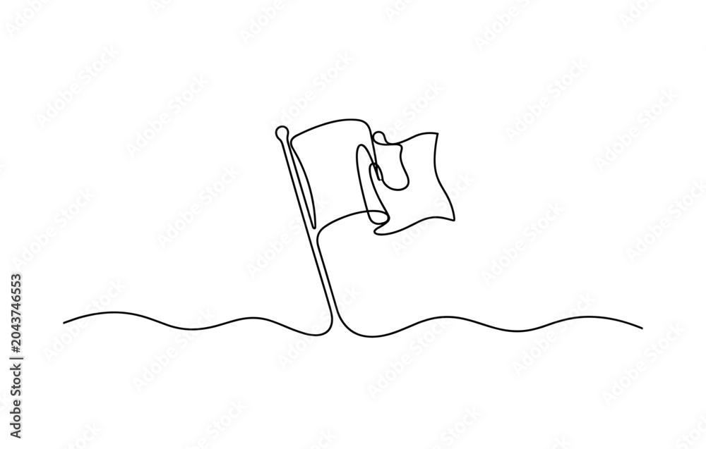 Obraz premium Continuous line waving flag illustration with pole, rippling banner and flowing leadership baseline, flag, pole, banner, waving,