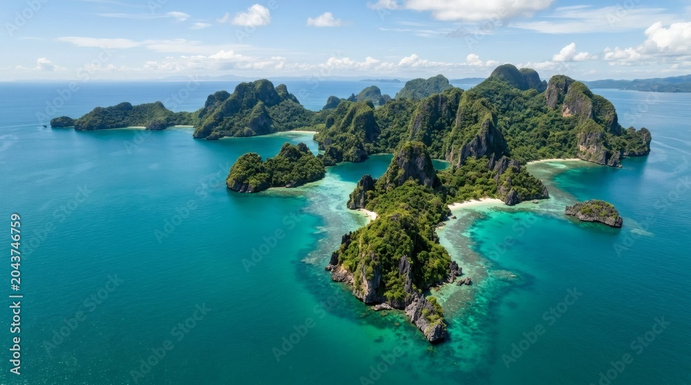 Fototapeta premium Aerial view of tropical limestone islands in turquoise ocean water.