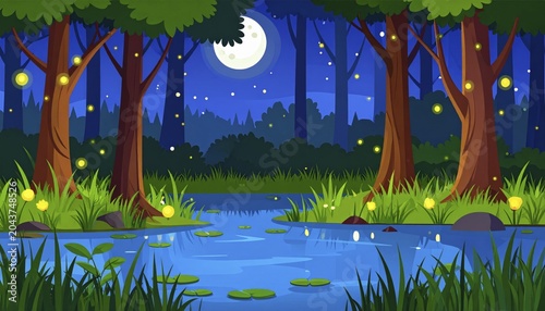 Swamp forest, Cartoon night marsh landscape with trees, bog grass and fireflies under moon light, vector illustration, AI generated