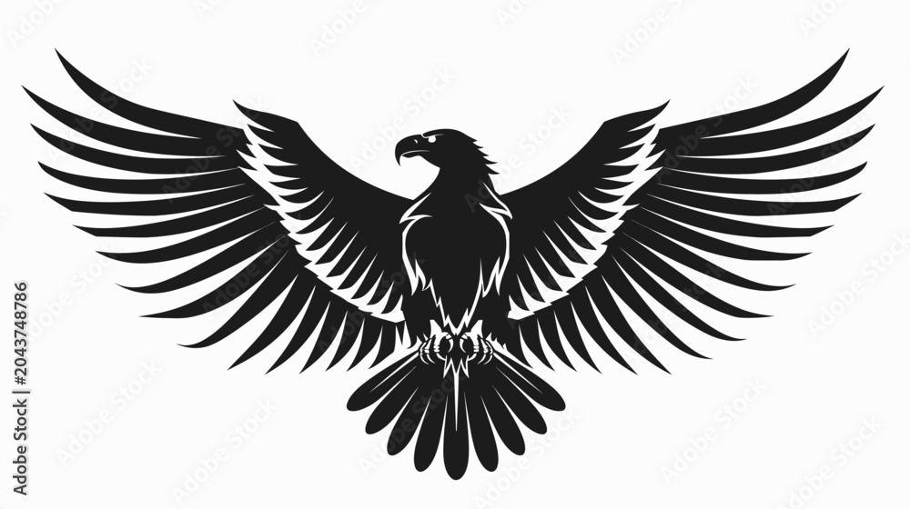 Fototapeta premium Black eagle silhouette with wings spread against white background