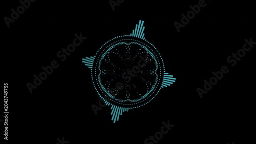 Colorful circular interface audio voice music sound spectrum equalizer, 4k footage, sound waves animation on black and white background.