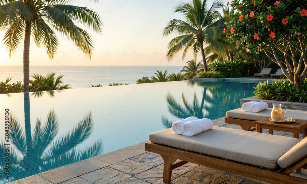 Fototapeta premium Tranquil empty resort infinity pool with turquoise water, teak loungers, and sunrise reflections for peaceful vacation wellness