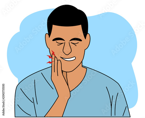 young man with closed eyes sufffering from severe toothache touching jaw with fingers trying to ease strong tooth pain