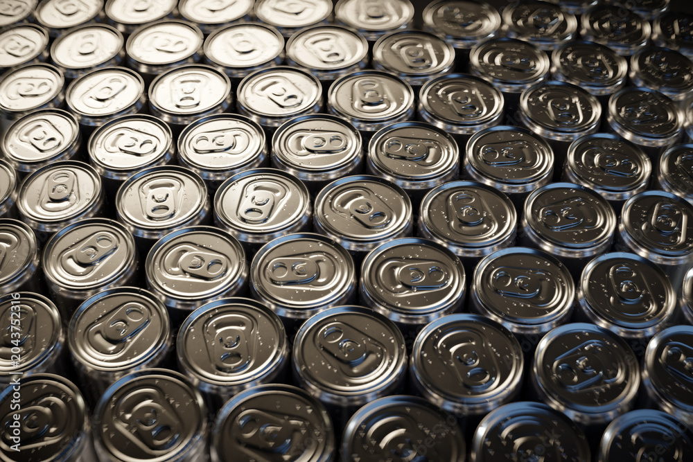 Obraz premium 3D Rendering of many glossy aluminium cans from above