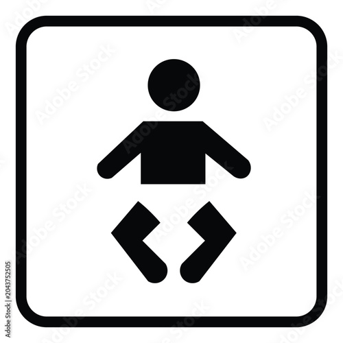 Minimalist baby icon vector, black infant silhouette pictogram for nursery signage, simple child care symbol in square frame for public facilities