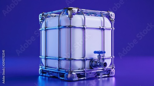Industrial plastic storage tank with metal frame and valve system isolated on futuristic purple background.
