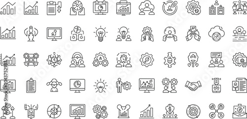 Business Analytics and Management Line Icons Set with Growth Charts, Teamwork, Strategy, Marketing, Leadership and Workflow Vector Outline Collection