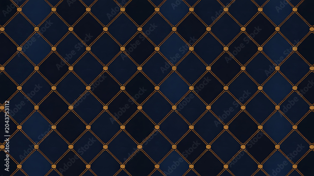 Fototapeta premium Dark Blue Diamond Pattern with Gold Dots and Stippled Lines
