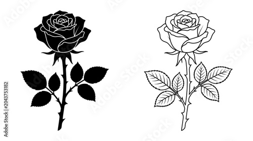 rose silhouette and line drawing flower stem