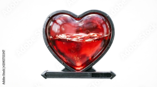 A detailed 3D render of a glass heart container filled with vibrant red liquid, symbolizing love, health, or vitality, isolated on a clean white background for creative design and medical concepts.