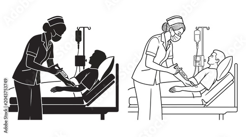 Obraz na plátně nurse administering iv treatment line silhouette medical