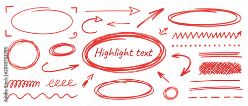 Fotografia Red hand drawn highlight circle and arrow set vector with doodle underline, oval