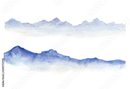 Watercolor mountain ranges set isolated on white background. Hand-painted abstract hill silhouettes illustration for design