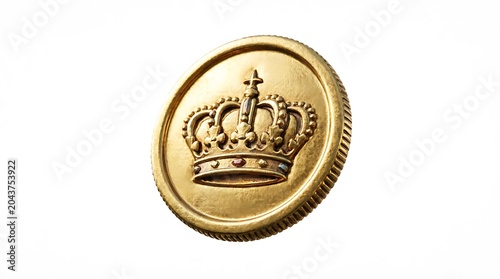 A high-quality 3D render of a golden coin featuring an intricate royal crown emblem, symbolizing wealth, monarchy, luxury, history, and financial success, isolated on a bright white background.