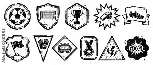 Foto Grunge soccer badge stamp set vector with black football emblems, shield, trophy
