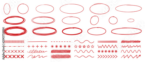 Fotografie Red hand drawn circle and oval highlight set vector with underlines, arrows and