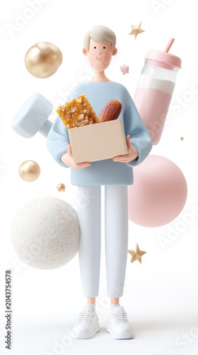 Three dimensional cute character holding snacks and milkshake on white background for wellness banner and product packaging design