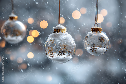 Delicate glass Christmas ornaments sparkle with snow, capturing a magical winter holiday season perfect for festive greetings or seasonal promotions