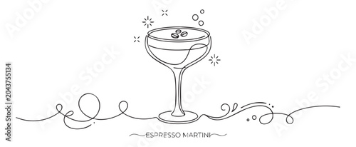 Vector line art of an espresso martini glass with coffee beans and abstract swirls, elegant cocktail menu design concept with minimalist one line drawing style