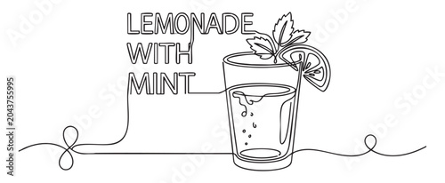 Continuous line art vector illustration of a glass of lemonade with mint for a refreshing summer beverage branding concept, featuring minimalist hand-drawn design
