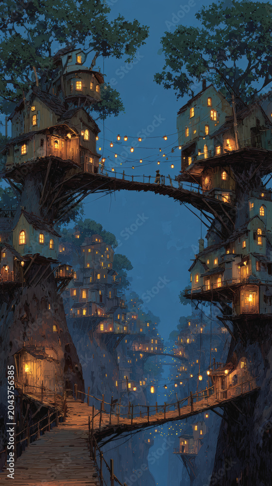 Obraz premium Fantasy village treehouse bridge lantern night cliff river forest wooden glowing fantasy village treehouse bridge lantern night cliff river forest