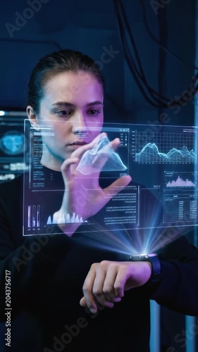 Young woman using a smartwatch to interact with a glowing futuristic holographic hud display screen in a dark laboratory