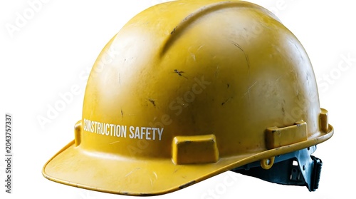 A weathered yellow construction safety hard hat isolated on a white background, representing industrial protection, workplace safety, engineering, building projects, and professional site management.