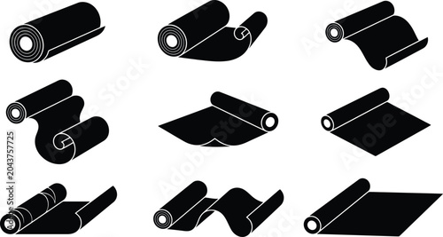 Konstfotografi Industrial roll material icons set, black fabric and paper rolls vector collecti